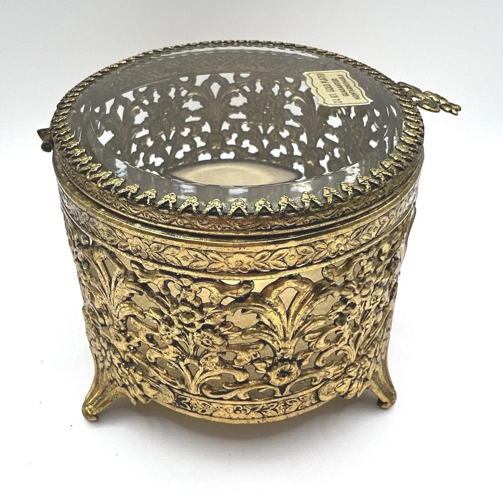 Vintage 24kt Gold Plated Filigree Ormolu Oval Jewelry Casket Box Glass Lid Clean
